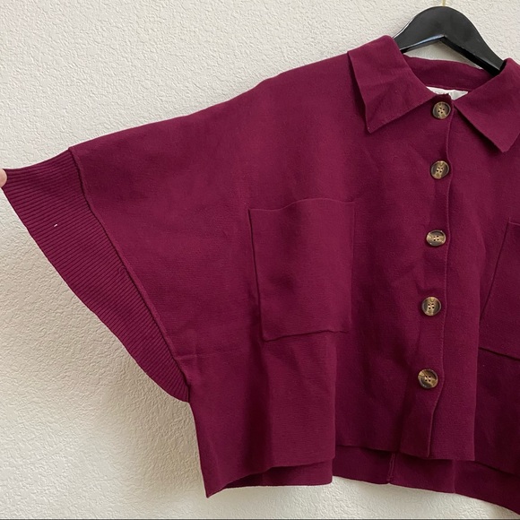 FLAT WHITE by Anthropologie Plum/Prune Button Down Cropped Knit Top Size L - Picture 7 of 12